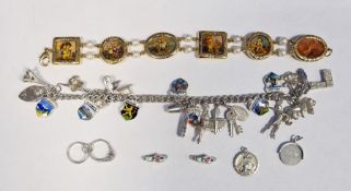 Silver charm bracelet, a silver St Christopher pendant and a yellow-coloured metal costume