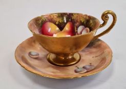 Royal Worcester fruit painted teacup and saucer by E. Townsend, printed puce and blue marks, 20th