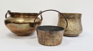 Large brass two-handled jardiniere and a preserve pan, etc