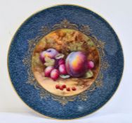 Royal Worcester powder blue ground fruit decorated plate, printed puce marks, printed date codes for