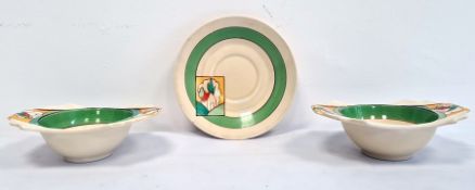 Hand-painted 'Bizarre' pattern pair of bowls and a saucer by Clarice Cliff, Stroud pattern, (3)