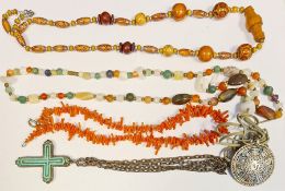 Collection of costume jewellery to include amber-coloured beads, coral necklace, white metal,