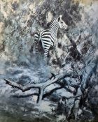 After David Shepherd Colour print Zebra amongst trees, signed in pencil to margin After Norman