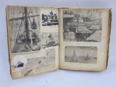 Scrap album of shipping newspaper cuttings, cigarette cards, etc, a postcard album containing