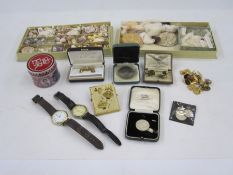 Two boxes of shells including very small shells, cufflinks, a Power Diesel paperclip and other items
