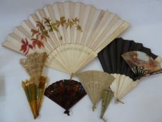 A bone and silk painted fan, the silk painted with autumn leaves and butterfly, another bone and