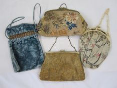 Embroidered vintage evening bag with gilt metal frame, a velvet evening bag, a 1920's floral satin