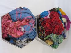 Large quantity of various silk and wool scarves, pashminas, etc (2 hat boxes) Condition ReportNone