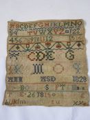 Sampler dated 1815 including alphabet, numerals, 26cm x 23cm, unframed