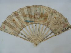 A 19th century bone and paper painted fan, the central cartouche decorated with figures fishing,
