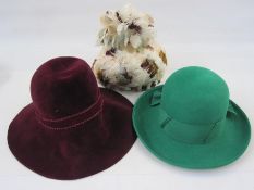 1960's Cresta feathered hat, a 1960's 'Model Hats', 42 South Moulton Street' hat in maroon felt with
