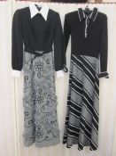 An Ian Peters 1970's black wool dress with tweed skirt, ruffle details, with black belt white collar