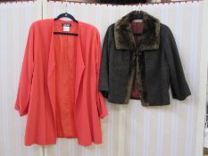 Jean Muir coral duster jacket, vintage Harvey Nichols tweed jacket, a black silk coat with