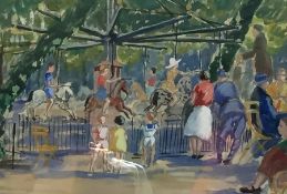 J Brendon(?) (early 20th century school) Watercolour drawing Children on a carousel with spectators,