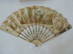 A 19th century paper and bone fan, the central cartouche depicting a male figure seated with dogs