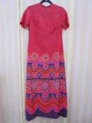 Castillo Paris full length evening dress, raw silk with a purple pink and patterned printed