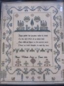 Sampler by Mary Williams, aged 13 years, 1846, 39cm x 31cm, framed and another simple cross-stitch