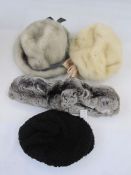 Blonde mink hat with a satin bow labelled 'Mitzi Lorenz', a grey mink hat also labelled '