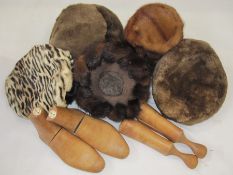 Pair of small boot treess made by Bartley & Sons, two mink hats, three  other fur hats and a fur
