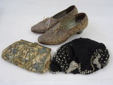 Pair of vintage walking shoes, labelled 'Genoa', size 6, a 1920's/30's chiffon and diamante paste