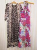 Earnshaw silk halterneck evening dress printed in bright pinks, orange, blues, vaguely