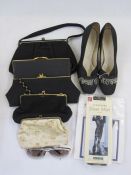 Pair of vintage black fabric evening shoes with silver bugle bead decorations, various evening bags,