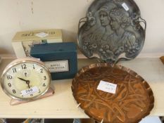 A Jock pink alarm clock, a pair of Royal Worcester egg Coddlers, boxed, a pair of Dartington