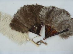 Two ostrich feather and tortoiseshell fans and a white ostrich feather fan with ivory handle (3)