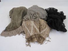 Large grey cobweb shawl, a vintage grey chiffon shawl, a modern woollen shawl and a length of