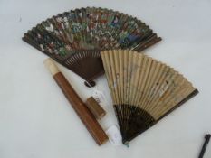 A Chinese painted paper fan, various painted figures to include warriors, Buddhas and serpents,