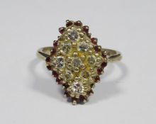 18ct white gold, diamond and ruby lozenge-shaped cluster ring, 5.6g total