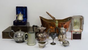 Quantity of plated ware to include teapot, trophy cups, candlesticks, a copper coal scuttle, an