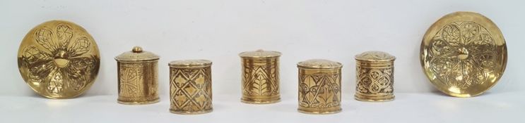 Five brass lidded trinket boxes and two circular dishes (7)