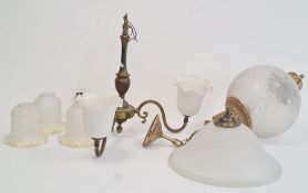 Brass and glass ceiling light with circular etched glass shade, a glass dome, a brass three-tier