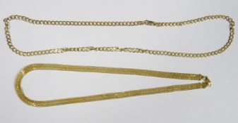9ct gold flattened curb-link chain necklace, 6g approx and a 9ct gold fancy belcher-link chain