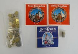 Assorted modern and foreign coins, uncirculated UK coins, bank notes, etc