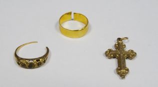 22ct gold wedding band (snapped), 3.7g total, a gold ring (snapped and missing stones), 2.3g and a