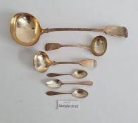 10 assorted silver teaspoons, other plated teaspoons, a large silver-plated ladle, two smaller and a