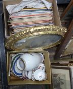 Modern circular bevelled mirror within a gilt frame, assorted ceramics to include The Chelsea Flower
