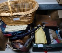 Various fabrics, kid gloves, Roberts radio, sewing box with cotton reels, vintage belts, an