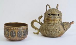 Asian brass teapot, cover and bowl, probably Tibetan, late 19th/early 20th century, the teapot