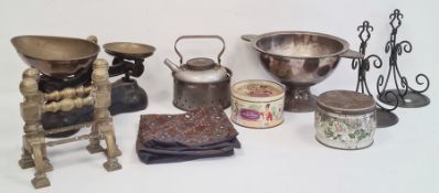 Pair of weighing scales, biscuit tins, fire tools, fishing rods and other items