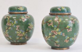 Pair of cloisonne enamelled ginger jars and domed covers, decorated with flowering prunus