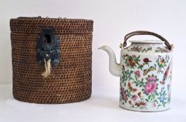 Chinese famille rose Canton teapot and cover in travelling fitted wicker case, circa 1890-1910,