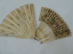 A 19th century bone and painted silk fan, central cartouche depicting courting couple, decorated