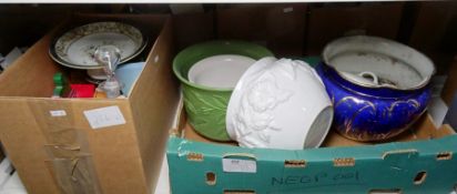 Three large ceramic planters, assorted ceramics, a pair of painted cat bookends, a Paxina camera,