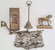 Walnut and brass-bound folding stand, a brass horse and stand, a doorstop and a beadwork wall