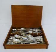 Large quantity of assorted plated table flatware in a wooden box