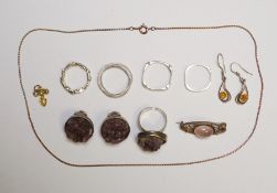 Silver rings, silver brooch, silver ring with amethyst rock and matching studs and other silver