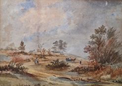 Attributed to George Cole Watercolour Landscape with figures on track, 25.5 x 36cm